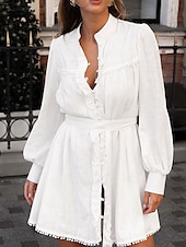 abordables robes imprimées en coton et lin-Femmes Mini Robe Robes inspirées du lin Robe en coton et lin Robe trapèze Élégant Basique Occasionnel Vacances Soirée Travail Coupe régulière Uni manche longue Col haut Blanche Été Printemps Automne