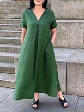 ieftine Rochii-Pentru femei Rochie Maxi Rochii de in bumbac Rochie casual Rochie leagăn Rochie maxi din bumbac De Bază Casual Vacanță Zilnic Fit regulat Simplu Manșon scurt În V Negru Trifoi Vară