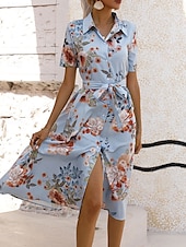 voordelige Casual bloemenjurken-Dames Halflange jurk Casual jurk Elegant Stijlvol Casual Vakantie Dagelijks Normale pasvorm Bloemig Korte mouw Overhemdkraag Abrikoos Licht Blauw Zomer Lente