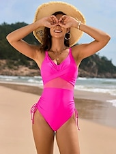 billiga One-piece-baddräkter-Dam Badkläder En bit Monokini Baddräkt Nät Öppen rygg Magkontroll Hög midja Smal Semester Standkläder Ensfärgat V-hals Ärmlös Baddräkter