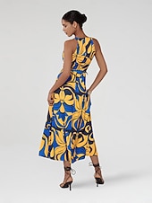 baratos Vestidos de Férias-Mulheres Vestido midi Vestido midi Amarelo Sem Manga Floral Com cinto Estampado Primavera Verão Gola Alta padrão Vestido S M L
