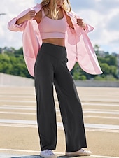 baratos perna larga e cintura alta-Mulheres Calças Esportivas chinês Moda Roupa de rua Comprimento total Cintura Alta Tecido Bolsos Cintura elástica Confortável Macio Micro-Elástica Ao ar livre Rua Preto Verde Claro fúcsia Damasco