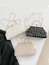 cheap Clutches &amp; Evening Bags-Vintage Pearl Beaded Clutch Bag – Elegant Women&#039;s Evening Handbag with Gold Frame and Chain Strap for Weddings, Parties and Formal Events Black White Khaki