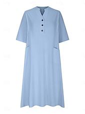 cheap Design Cotton &amp; Linen Dresses-Women&#039;s Midi Dress Cotton Linen Dresses Basic Casual Vacation Daily Regular Fit Plain 3/4 Length Sleeve Notched Neck Black Red Purple Light Blue Summer