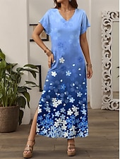 cheap Floral Dress-Women&#039;s Maxi Dress Sundress Shift Dress Stylish Casual Drop Shoulder Vacation Daily Regular Fit Floral Short Sleeve V Neck Blue Spring Fall
