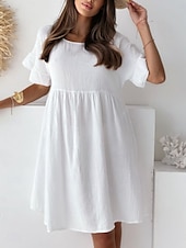cheap Design Cotton &amp; Linen Dresses-Women&#039;s Mini Dress Linen-Inspired Dresses White Dress Casual Dress Tank Dress Basic Casual Vacation Daily Regular Fit Plain Half Sleeve Crew Neck Black White Beige Summer