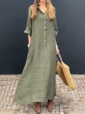 cheap Dresses-Women&#039;s Maxi Dress Cotton Linen Dresses Casual Dress Basic Casual Vacation Daily Regular Fit Plain Long Sleeve Shirt Collar Pink Green Gray Spring Fall