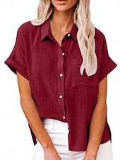 cheap Shirts-Women&#039;s Shirt Cotton Linen Shirts Button Up Blouse Solid Color Basic Casual Short Sleeve Shirt Collar Regular Tops Daily Buttons Pocket Wine Army Green Summer