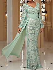 baratos VERDE-Vestido de Noiva Sereia  Trompete Vestido Elegante Formal Comprimento Total Manga Longa Decote V Bordado com Franjas de Brilho