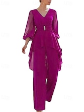 cheap Mom&#039;s Pant Suits-Jumpsuit / Pantsuit Mother of the Bride  Formal Wedding Guest Elegant Simple V Neck Floor Length Chiffon 3/4 Length Sleeve Wrap Included with Solid Color 2025