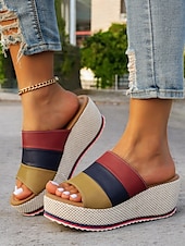 abordables Sandalias Informales-Sandalias de cuña con plataforma multicolor para mujer con punta abierta: zapatos de verano cómodos para salidas informales y vacaciones en la playa