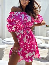 cheap Vacation Dresses-Women&#039;s Mini Dress Casual Dress A Line Dress Stylish Casual Vacation Daily Regular Fit Floral Half Sleeve Off Shoulder Red Blue Fuchsia Green Summer