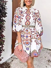 halpa Boho-mekot-Naisten Mini mekko Rento mekko A linjainen mekko Boho-mekko Tyylikäs Vapaa-aika Loma Juhla Päivittäin Loose Fit Kukka 3/4 hiha Paitapuserokaula-aukko Valkoinen Kesä Kevät Syksy