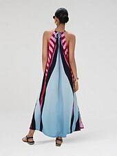 economico abito casual stampato-Per donna Abito con Collo Allacciato Maxi in Raso Abito maxi Arcobaleno Senza Maniche Colore a Contrasto Blocco di colore Estate All&#039;americana Vacanza XS S M