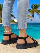 cheap Vacation Sandals-Women&#039;s Denim T-Strap Sandals with Beaded and Embellished Details, Lightweight Sole, and Boho Style for Beachwear and Summer Casual Outfits