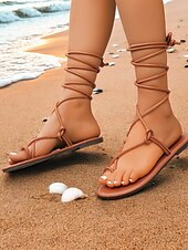 cheap Vacation Sandals-Women&#039;s Black Gladiator Lace-Up Sandals - Strappy Flat Design for Summer Beach and Casual Wear
