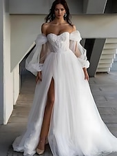 cheap Wedding Dresses-Beach Wedding Dresses A-Line Sweetheart Puff Sleeve Tulle Bridal Gowns With Ruched Details