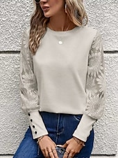 cheap Lace Tops-Women&#039;s White Elegant Lace Tops Eyelet Blouse Dressy Tops Elegant Lace Buttons Long Sleeve Crew Neck Daily Romantic Petite Tops Summer Holiday Wear Pink Khaki Summer Semi Formal Blouses