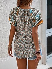 preiswerte Blumenblusen-Damen Bluse Druck Blumen Bohemien Vintage Lässig Kurzarm V Ausschnitt Normale Oberteile Täglich Ferien Ausgehen Blau Rote Braun Aprikose Sommer Frühling