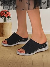 baratos Sandálias Confortáveis-sandálias femininas slip-on com cabedal em malha trançada, design aberto e sola acolchoada para uso casual no verão e conforto diário