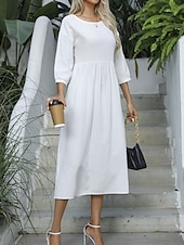 cheap White Casual Dresses-Women&#039;s Midi Dress Casual Dress A Line Dress Stylish Basic Casual Vacation Daily Regular Fit Plain 3/4 Length Sleeve Crew Neck White Green Summer Spring