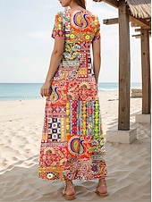 preiswerte Boho Kleider-Damen Maxi Kleid Lässiges Kleid Sommerkleid Shift Kleid Lässig Alltag Lockere Passform Florales Kurzarm Rundhalsausschnitt Orange Sommer