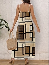 cheap Stripe&amp;Geometric Dress-Women&#039;s Maxi Dress Casual Dress Sundress A Line Dress Casual Flowy Vacation Casual Daily Regular Fit Geometric Sleeveless V Neck Brown Summer Spring Fall