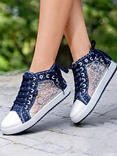 economico Sneakers da donna-sneakers alte in tela con lacci blu da donna con pannelli in rete ricamati, design a pois per abbigliamento casual e outdoor