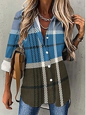 billiga Kvinnors randiga och geometriska toppar-Dam skjorta mode rutigt knappar tryck lång ärm vanlig topp skjortkrage casual röd blå khaki grå vår  höst
