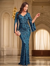 baratos AZUL-Vestido de Sereia de Noite Vintage Formal Casamento Comprimento do Chão Manga Longa Decote em V com Apliques