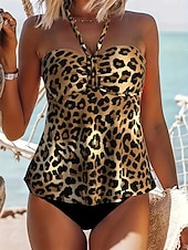 billige Tankinier-Dame Badetøy Bikini 2 stk Frekk Badedrakt Åpen rygg Tynn Ferie Strand Klær Leopard Grimehals Ermeløs Badedrakter