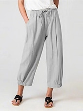 baratos Calça de linho de algodão simples-Mulheres Calças de linho de algodão chinês Clássico Casual Comprimento total Cintura Alta Tecido Bolsos Cintura elástica Confortável Macio Micro-Elástica Ao ar livre Rua Azul Preto Claro Cinzento