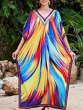 preiswerte Kaftane-Damen Badeanzug Zudecken Schwimm-Kleid Bademode Patchwork Urlaub Strandbekleidung Graphic V Ausschnitt Langarm Badeanzüge