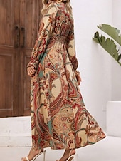 tanie Sukienki boho-Damskie Sukienka maxi Sukienki w stylu boho Sukienka Boho Elegancki Codzienny Urlop Codzienny Regularny Kwiaty Długi rękaw W serek Czarny Zielony Khaki Wiosna Jesień