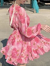 tanie Eleganckie sukienki kwiatowe-Damskie Sukienka mini Codzienne sukienki Sukienka A line Elegancki Codzienny Urlop Codzienny Regularny Kwiaty Długi rękaw W serek Czerwony Wiosna Jesień