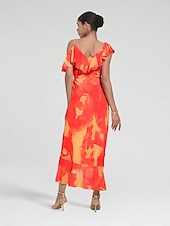 abordables Robe de cocktail-Robe mi-longue à basque pour femmes, tenue d&#039;invité de mariage, violet, orange, manches courtes, volants fleuris, cravate sur le devant, printemps &amp;amp; été asymétrique romantique s m l