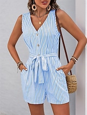 abordables combinaisons décontractées-Femme Normal Combishort Actif Rayé Sans Manches Col V Boutons Poche Vacances du quotidien Ample Kaki Bleu clair Eté