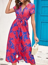 abordables Robes fleuries décontractées-Femme Robe Maxi Robe casual Robe Portefeuille Robe Trapèze mode Décontractées Vacances du quotidien Standard Floral Manche Courte Col V Rose Claire Rouge Eté