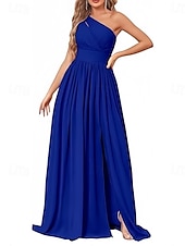 baratos Vestidos para Madrinhas-vestido de dama de honra em corte A, um ombro, sem mangas, elegante, longo, chiffon, com pregas / frente aberta / franzido 2025