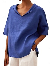preiswerte Hemden-Damen Hemd Bluse Baumwoll-Leinen-Hemden Einfarbig Basic Lässig Dreiviertelarm Mit Kapuze Normale Oberteile Täglich Knöpfe Weiß Blau Sommer