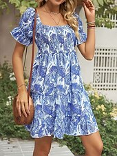 ieftine Tipăriți rochii florale-Pentru femei Rochie Mini Rochie casual Rochie de vară Rochie Boho Elegant Stilat Manșon de lanternă Vacanță Zilnic Dată Fit regulat Grafic Manșon scurt De Pe Umăr Albastru regal Vară