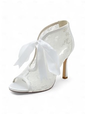 ieftine Casual-papuci de damă din dantelă albă cu vârf deschis la gleznă cu cravată panglică din satin – pantofi de mireasă eleganți cu toc înalt pentru mirese