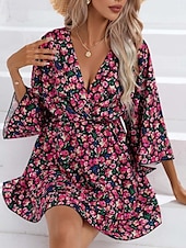 voordelige Casual bloemenjurken-Dames Mini-jurk Casual jurk A lijn jurk Stijlvol Casual Vakantie Dagelijks Normale pasvorm Bloemig 3/4 mouw V-hals Zwart Rood Zomer Lente