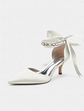 cheap Semi-Formal-Blue Satin Pointed-Kitten Heels with Rhinestone Ankle Strap and Bow Tie - Elegant Wedding or Evening Shoes