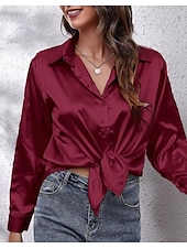economico Top eleganti-Per donna Camicia Elegant Elegante Raso/Satin Tinta unica Affari Moderno Casual Manica Lunga Colletto a Camicia Top Regolari Lavoro Abbigliamento Formale Bottoni Giallo Rosa Vino Blu Verde Estate