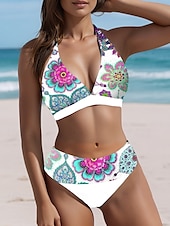 cheap Bikini Sets-Women&#039;s Swimsuits Bikini 2 Piece Cheeky Swimsuit Halter 2 Piece Open Back Sexy Tropical Sexy Floral V Wire Sleeveless Bathing Suits