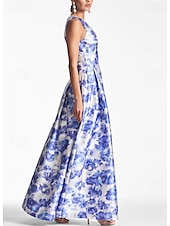 billiga Blommor-A-linjig Aftonklänning Hög Slits Klänning Strand Bröllop Formell Bröllop Gäst Golvlängd Ärmlös V-hals Ficka Satin med Blommönster Slits Ficka Derby Klänning Racedag Klänning Bröllop Gäst Klänning 2025