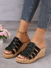 abordables Sandales Décontractées-sandales compensées dorées à lanières pour femmes avec semelle en imitation liège – chaussures d&#039;été élégantes pour les tenues décontractées et de plage