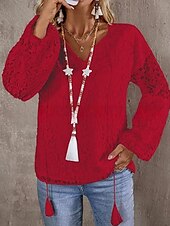 economico Top in Pizzo-Top in pizzo bianco elegante da donna con occhiello blusa casual colore solido regolare maniche lunghe scollatura a V patchwork in pizzo regolare quotidiano romantico top petite estivi per le vacanze