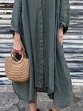 preiswerte Kleider aus Baumwolle und Leinen entwerfen-Damen Maxikleid Baumwoll-Leinen-Kleider Hemdblusenkleid Freizeitkleid Maxikleid aus Baumwolle Basic Lässig Urlaub Täglich Normale Passform Einfach Langarm Hemdkragen Dunkelgrün Aprikose Grau Sommer